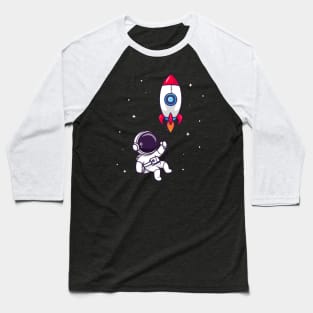 Cute Astronaut Flying With Rocket In Space Cartoon Baseball T-Shirt